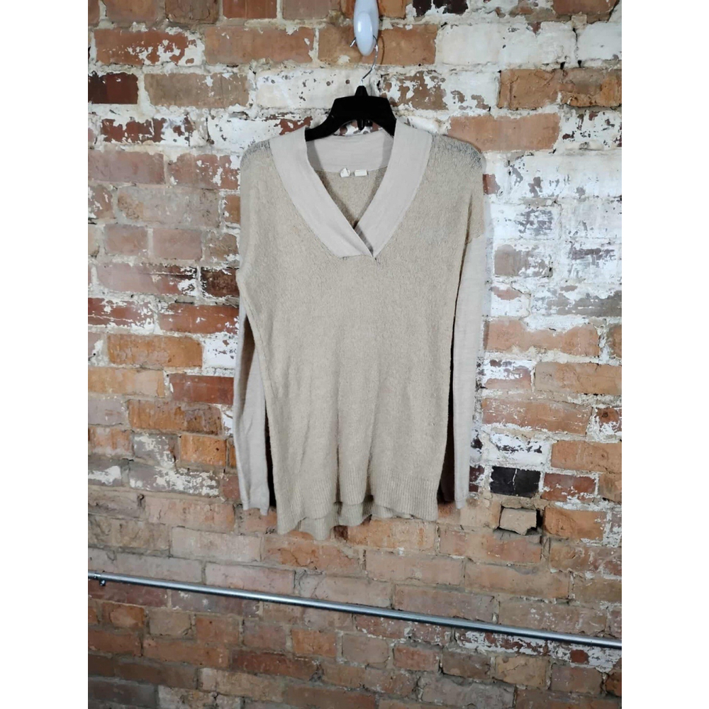 Anthropologie Moth Colorblock Pullover Alpaca Wool Sweater Tan Cream V Neck Sz S